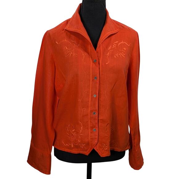 Valerie Stevens Red Linen Shirt M Embroidered Button Up Blouse 100% Linen - Picture 2 of 12